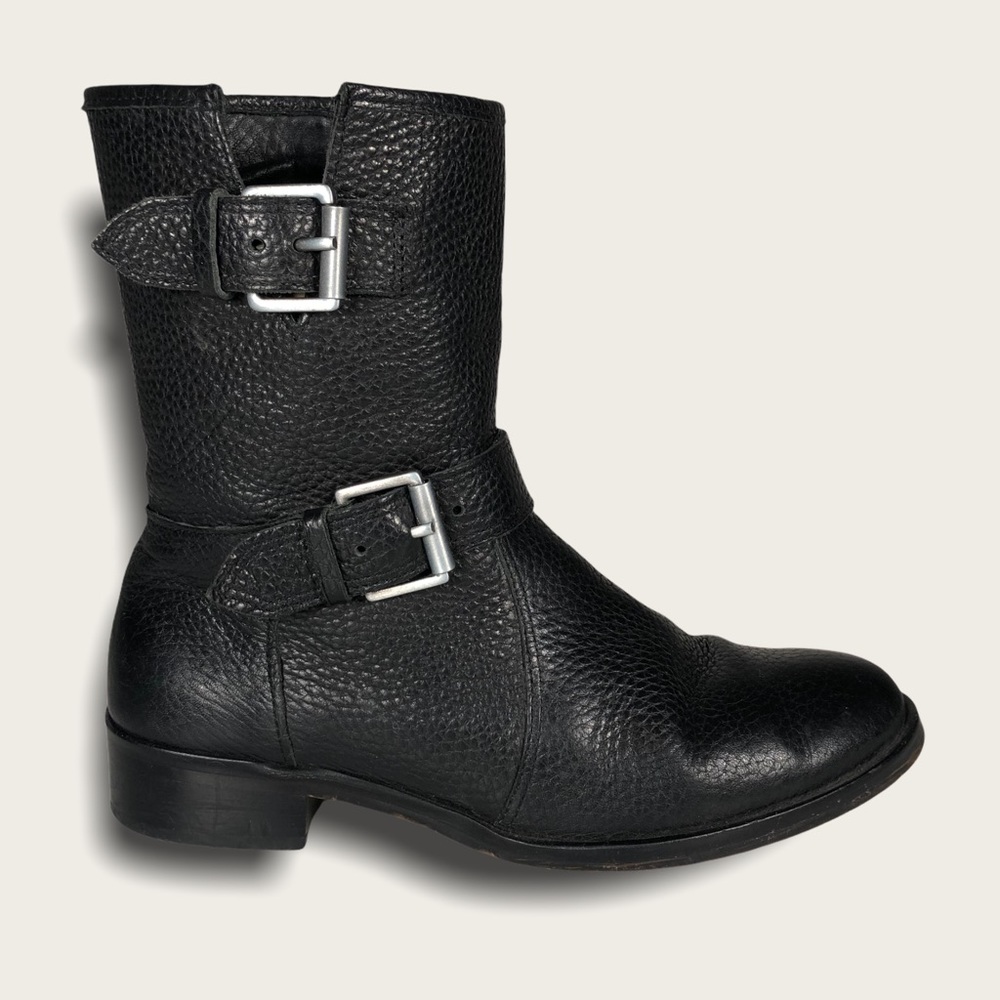 J. Crew Women's Black Pebble Leather Moto Boots Silver Buckles Low Heel 5.5